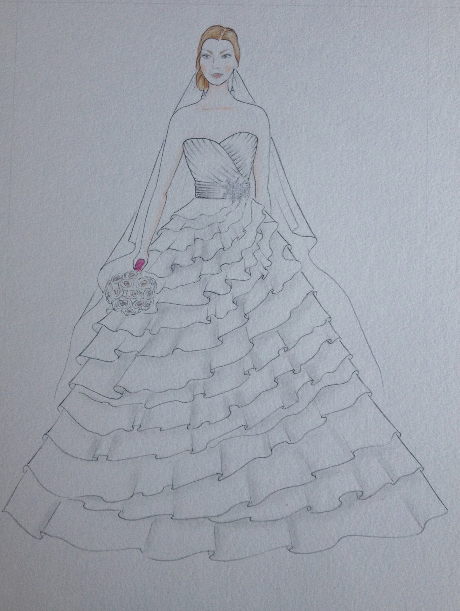 Custom Bride Portrait, Bride With Veil Original Drawing, Paper ...