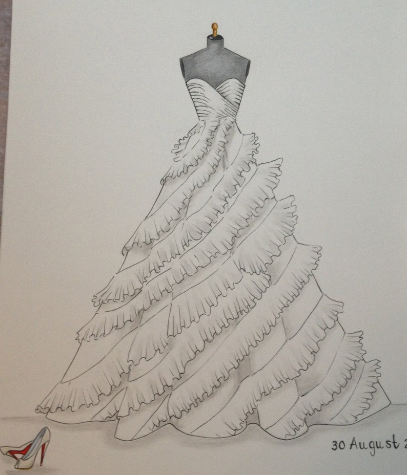 Custom wedding dress sketch, wedding dress hand drawing, say yes to the dress, bride shoes wedding date, paper gift, one year anniversary image 1