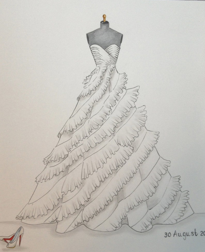 Custom wedding dress sketch, wedding dress hand drawing, say yes to the dress, bride shoes wedding date, paper gift, one year anniversary image 2