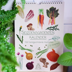 Op de afbeelding: Een kalender met handgeschilderde illustraties van seizoensgroenten en fruit. De kalender heeft de titel "Seizoensgroenten Kalender" met de tekst "Met handgeschilderde illustraties + 12 recepten!"  De kalender is gedrukt op een crèmekleurige achtergrond.