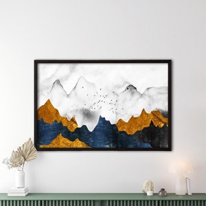 Abstract Mountain Wall Art, Gold and Navy Blue Landscape Canvas, Modern Minimalist Painting, Nature Inspired Decor, Living Room Art