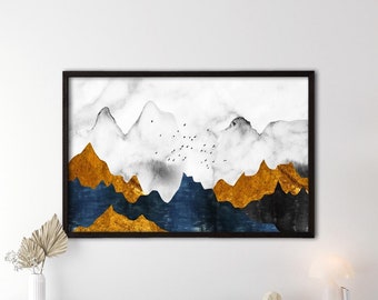 Abstract Mountain Wall Art, Gold and Navy Blue Landscape Canvas, Modern Minimalist Painting, Nature Inspired Decor, Living Room Art