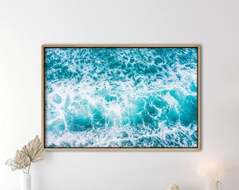 Ocean Waves Canvas Print, Blue Beach Wall Art, Coastal Home Decor, Aerial Sea Photography, Modern Nautical Art for Living Room