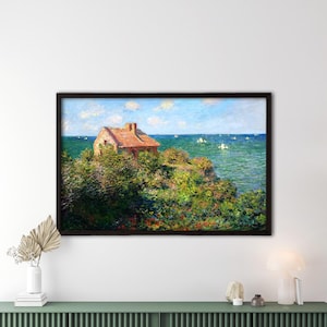 Claude Monet Fisherman&#39;s Cottage Art Print, Impressionist Coastal Landscape Painting, Vintage Seaside Wall Art for Home Decor