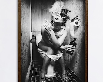 Black White Bathroom Humor Canvas Print Edgy Fashion Toilet Wall Decor Modern Art