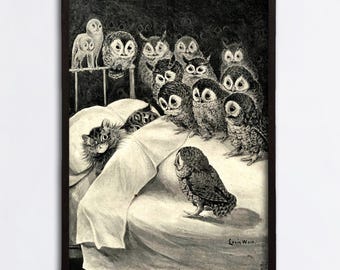 Impression sur toile Louis Wain Cat's Nightmare 1890, affiche drôle de chat et de hibou, art animalier vintage, décoration murale jet d'encre lunatique, cadeau pour amoureux des chats