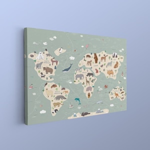 Weltkarte der Tiere für Kinder, Lerntier-Karte Poster, Kinderzimmer-Wandkunst, Weltkarte der wild lebenden Tiere, Karte der niedlichen Tiere für Kinder