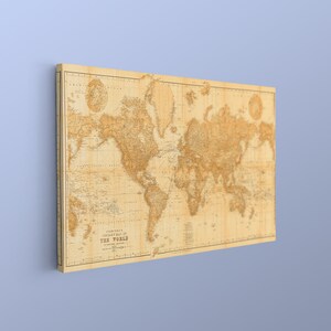 Stampa di mappa del mondo in seppia, mappa del mondo della biblioteca di Stanford, mappa antica con proiezione di Mercatore, poster di cartografia d'epoca, arte murale del vecchio mondo