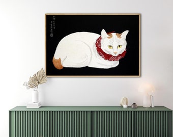 Japanese Cat Art Print White Cat 1934,Japanese Wall Art Cat Poster,Ukiyo Poster Japan Art,  Birthday Gift Idea Housewarming Art Reproduction