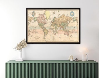 Hanging Canvas Stanford&#39;s World Map Vintage Atlas 1898 Mercator projection | Vintage Poster Wall Art Print | Vintage World Map Canvas Map