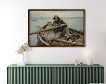 Helping Hand, 1881, Emile Renouf, Old Fisherman helping young girl to row the boat, seascapes, antique art prints,canvas art prints