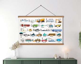Fahrzeuge ABC Print, Transport Alphabet Druck, Jungen Spielzimmer Wandkunst, Jungen-Kinderzimmer Dekor, Klassenzimmer Drucke, Lernposter,