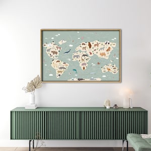 Chambre d'enfants encadrée, carte du monde des animaux, art mural pour enfants, carte du monde sur le thème des animaux en toile pour enfants, carte de chambre d'enfants, décoration murale pour salle de classe, carte du monde avec des animaux,