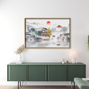 japanische Landschaft, Aquarell Malerei Leinwand Druck, japanische Landschaft Aquarell gerahmte Wandkunst