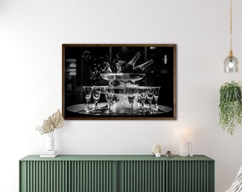 Champagne Glasses Print, Black and White, Vintage Bar Poster,Cocktail Wall Art, Bar Cart Print, Alcohol Print, Wall Decor