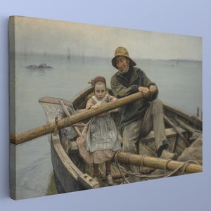 May include: A painting depicting a man and a young girl in a wooden rowing boat on a tranquil stretch of water. The man is wearing a straw hat and a dark jacket, and he is holding an oar. The girl is wearing a white dress and is looking at the viewer. The painting is executed in a realistic style and features a muted colour palette.