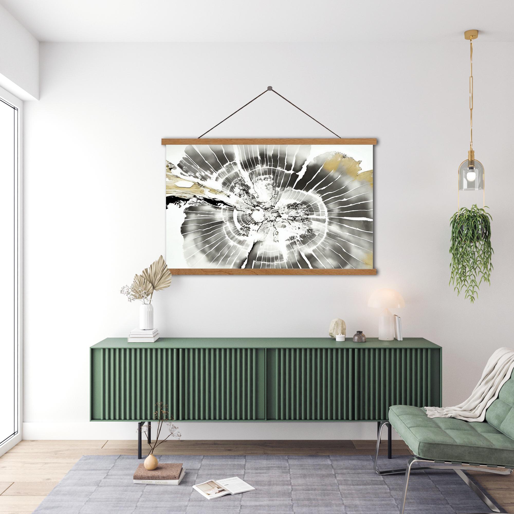 金と黒の木の年輪のアートプリント、モダンニュートラルアブストラクト