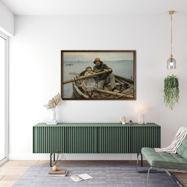 May include: A framed painting depicting a man and a young girl in a boat on the water. The man is wearing a hat and a jacket, and the girl is wearing a dress. The man is rowing the boat with an oar.