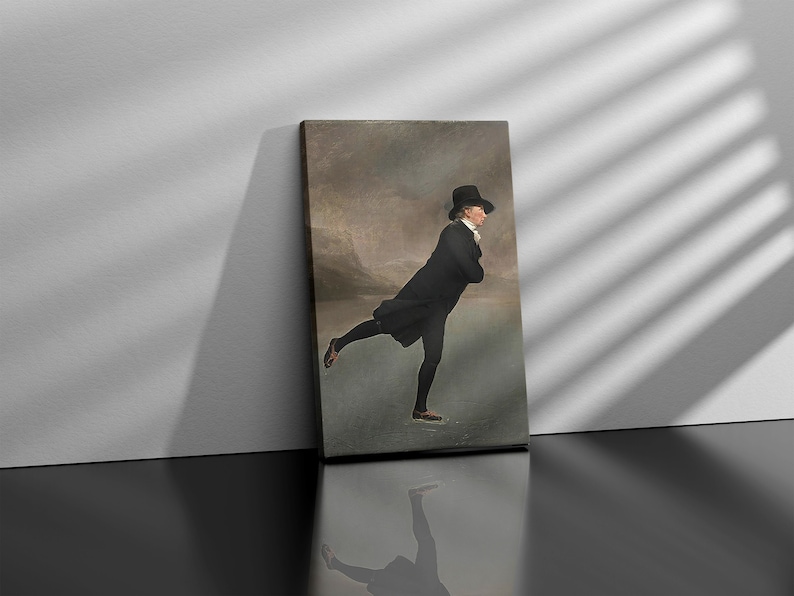 May include: A painting of a man in a black coat and hat ice skating on a frozen lake. The background is a blurred landscape with a cloudy sky.