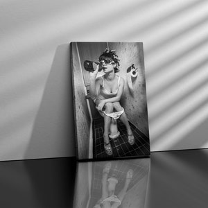 Bathroom Drink Poster Print, Black and White Bathroom Wall Art Funny Woman Drinking on the Toilet Humor Restroom Print unique