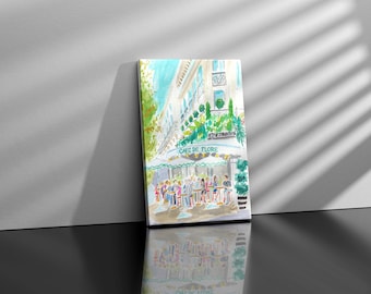 French Cafe Watercolor Print, Paris Cityscape Wall Art, Café de Flore Painting, French Bistro Kitchen Decor, Travel Art Gift for Her
