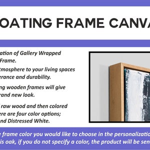 May include: A close-up of a framed canvas print with a blue and white abstract design. The frame is made of wood and is available in four colors: oak, walnut, black, and distressed white. "Please specify the frame color you would like to choose in the personalization section. The default color is oak, if you do not specify a color, the product will be sent with oak frame."