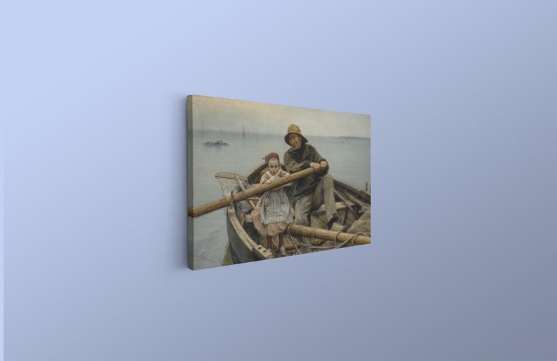 May include: A painting depicting a man and a young girl in a wooden rowing boat on a tranquil stretch of water. The man is wearing a straw hat and a dark jacket, and he is holding an oar. The girl is wearing a white dress and is looking at the viewer. The painting is executed in a realistic style and features a muted colour palette.