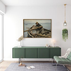 May include: A framed painting depicting a man and a child rowing a boat on a tranquil stretch of water. The man is wearing a hat and a jacket, while the child is dressed in a dress. The painting is set against a backdrop of a blue sky and white clouds.