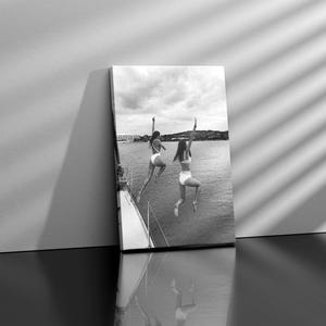 Black and White Ocean Jump Sail Boat, Yacht Wall Art, Women Jumping into Water, Wall Art, Beach Print, Summer Art, Boat Wall Art