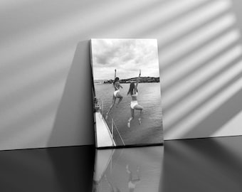 Black and White Ocean Jump Sail Boat, Yacht Wall Art, Women Jumping into Water, Wall Art, Beach Print, Summer Art, Boat Wall Art