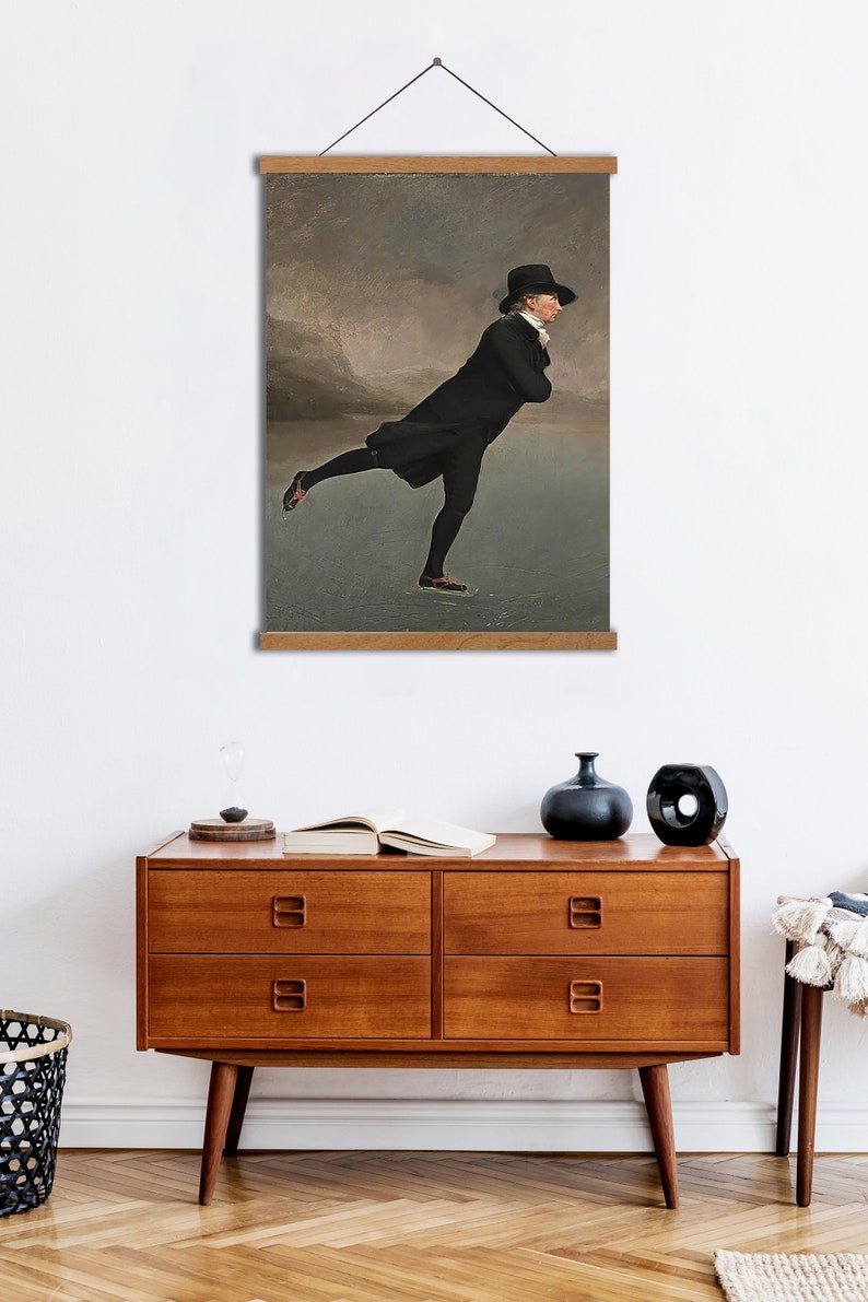 May include: A painting depicting a man ice skating on a frozen lake. He is wearing a black coat, black trousers, and a black hat. The sky is overcast and the lake is frozen.