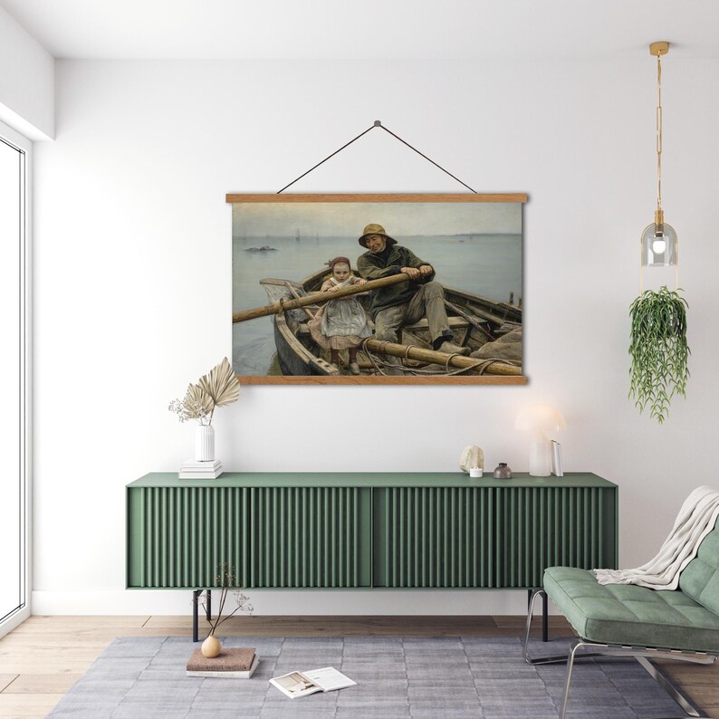 May include: A framed canvas print of a painting depicting a man and a young girl rowing a boat on a calm body of water. The man is wearing a hat and a jacket, and the girl is wearing a dress. The painting is set against a backdrop of a cloudy sky and a distant shoreline.