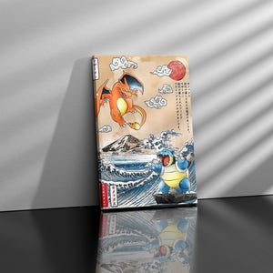 May include: Canvas art print featuring a Japanese-inspired design with a red sun, clouds, and ocean waves. The artwork depicts two cartoon characters, one orange and one blue, in a dynamic pose. The canvas is rectangular and leans against a gray wall.