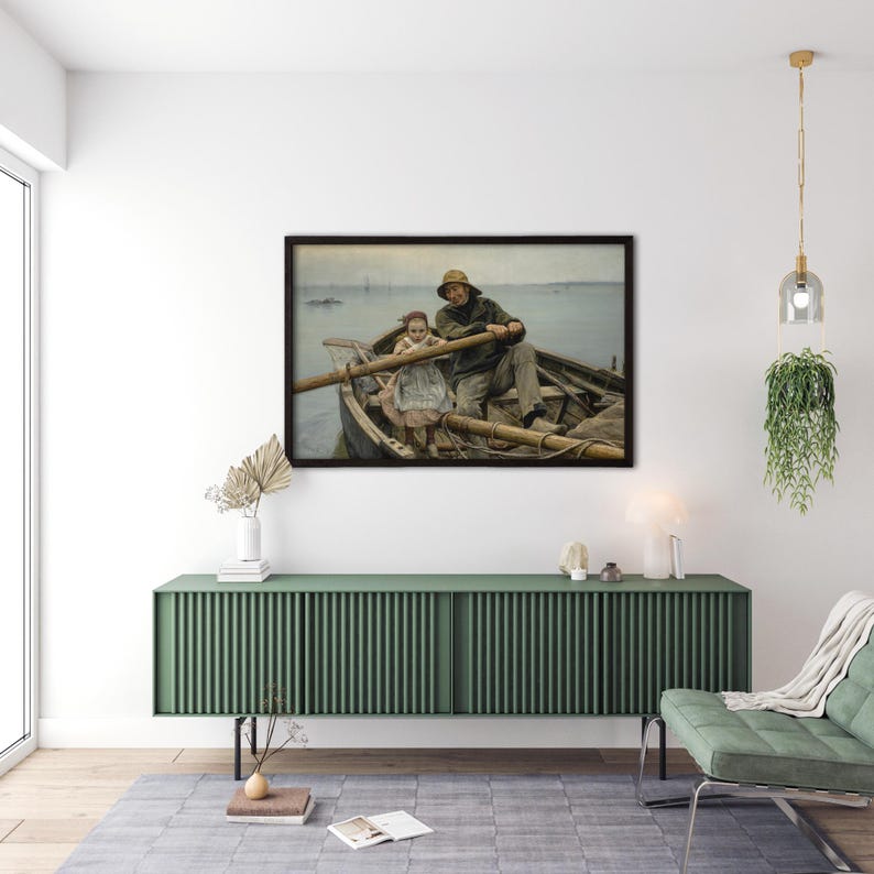 May include: A framed painting depicting a man and a child rowing a boat on a tranquil stretch of water. The man is wearing a dark jacket and a hat, while the child is wearing a white dress. The painting is set against a backdrop of a pale blue sky and a calm sea.