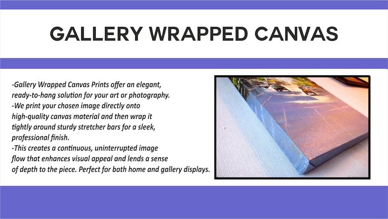 May include: Close-up of a gallery wrapped canvas print. The canvas is stretched over wooden stretcher bars and the image wraps around the sides, creating a seamless look.