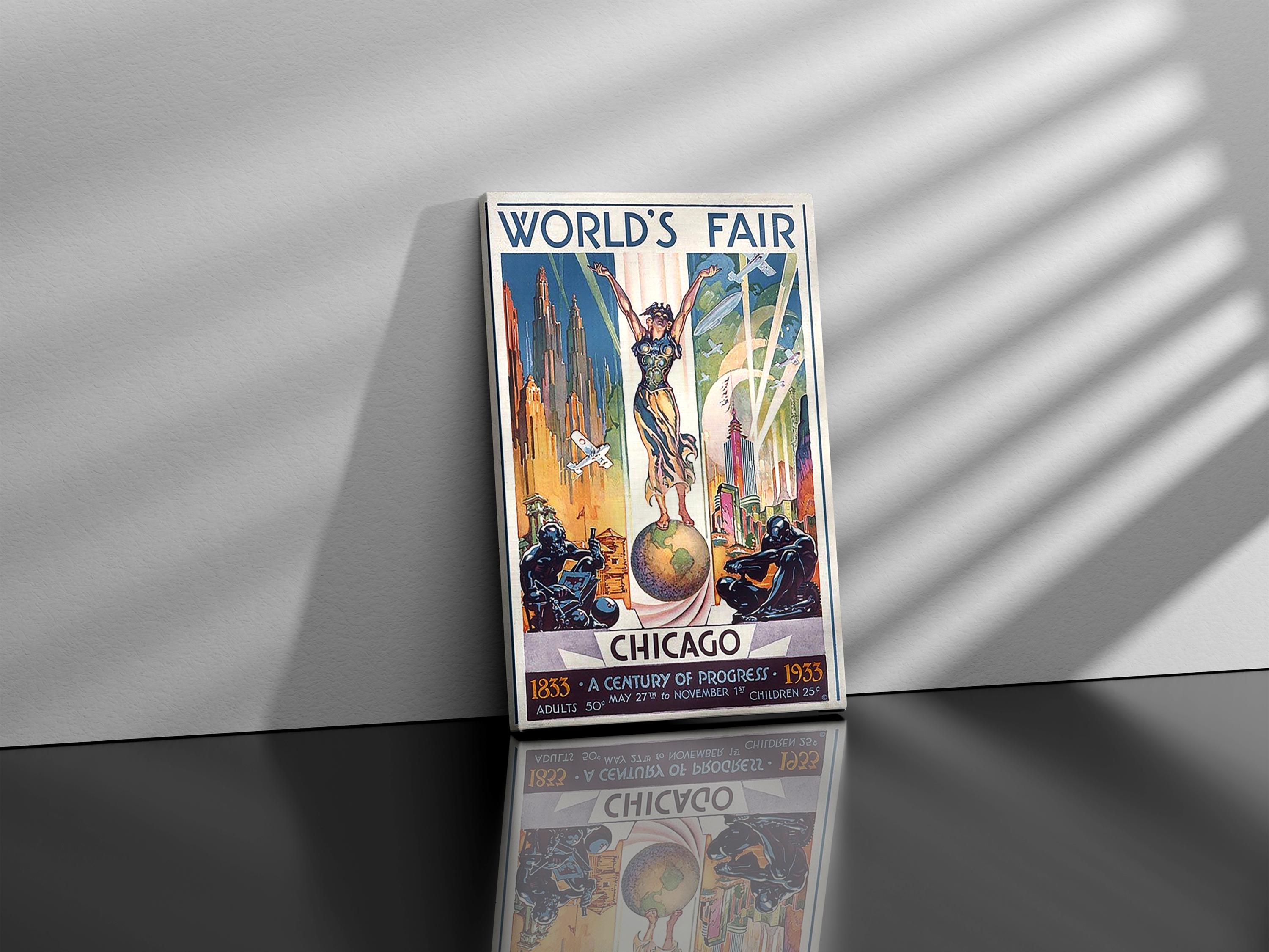 Framed 1933 Chicago World's Fair, Travel Poster Print, Classic Vintage Art Deco Retro Old Antique Wall Art, Home House Decor