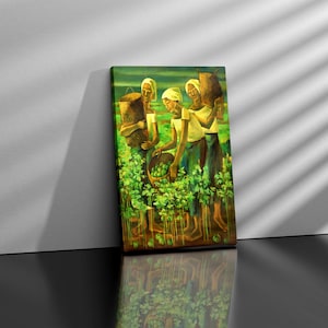 Folk Art Canvas Print, Women Farmers Wall Art, Rural Life Painting, Ethnic Rustic Home Decor, Hand Harvesting Canvas, Green Village Artwork