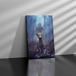 May include: A white lamb stands in a dark, misty forest. A blurry figure of a person is walking behind the lamb.