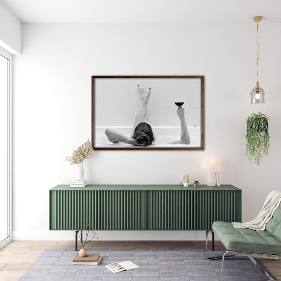 Woman Drinking Wine in Bathtub – Black and White Feminist Wall Art – Minimalist Bathroom Canvas – Empowering Modern Home Decor