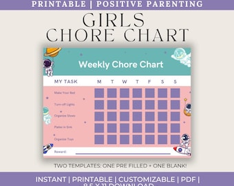 Girls Chore Chart for Good Behaviour | Kids Fun Behaviour Chore List | Positive Reinforcement | Editable and Printable | Engaging|Teachable|