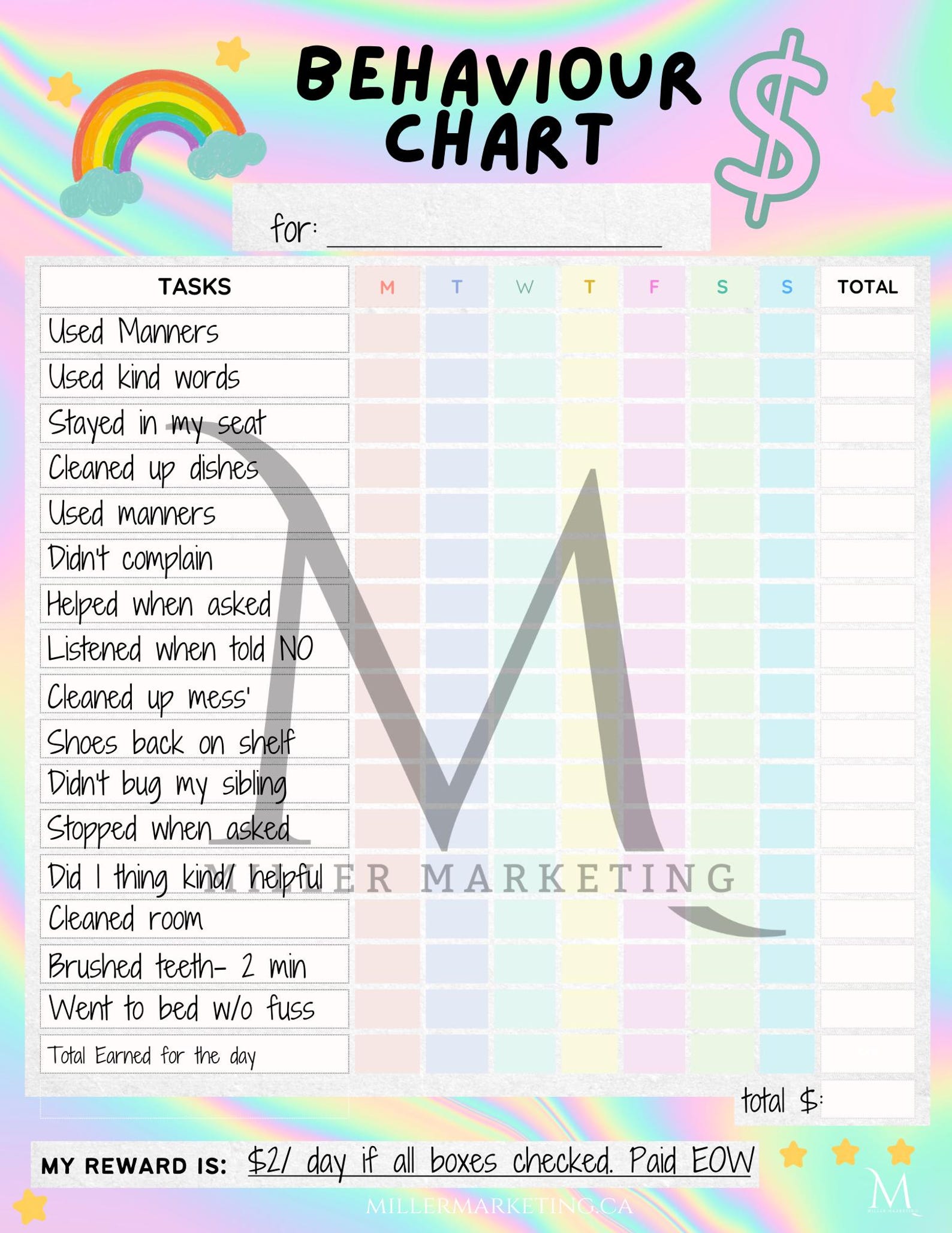 Behaviour Reward Chart for Kids | Good Behavior Tracking | Cute Rainbow ...