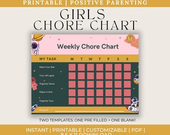 Girls Chore Chart for Good Behaviour | Kids Fun Behaviour Chore List | Positive Reinforcement | Editable and Printable | Engaging|Teachable|