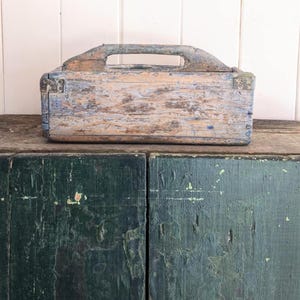 Quebec Blue Wooden Cutlery Box, Forged nails, Primitive Country Kitchen Decor