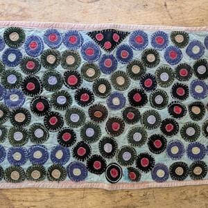 Antique Penny Rug, Late 1800s Folk Art, Hand-Sewn Wool Circles on Turquoise, Central Heart Motif, Rectangular with Grain Sack Backing RARE