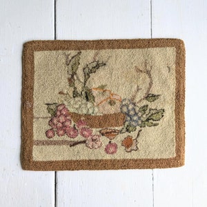 Antique early 20th century Quebec, Canada small wool hooked rug with fruit bowl RARE Handmade Folk Art