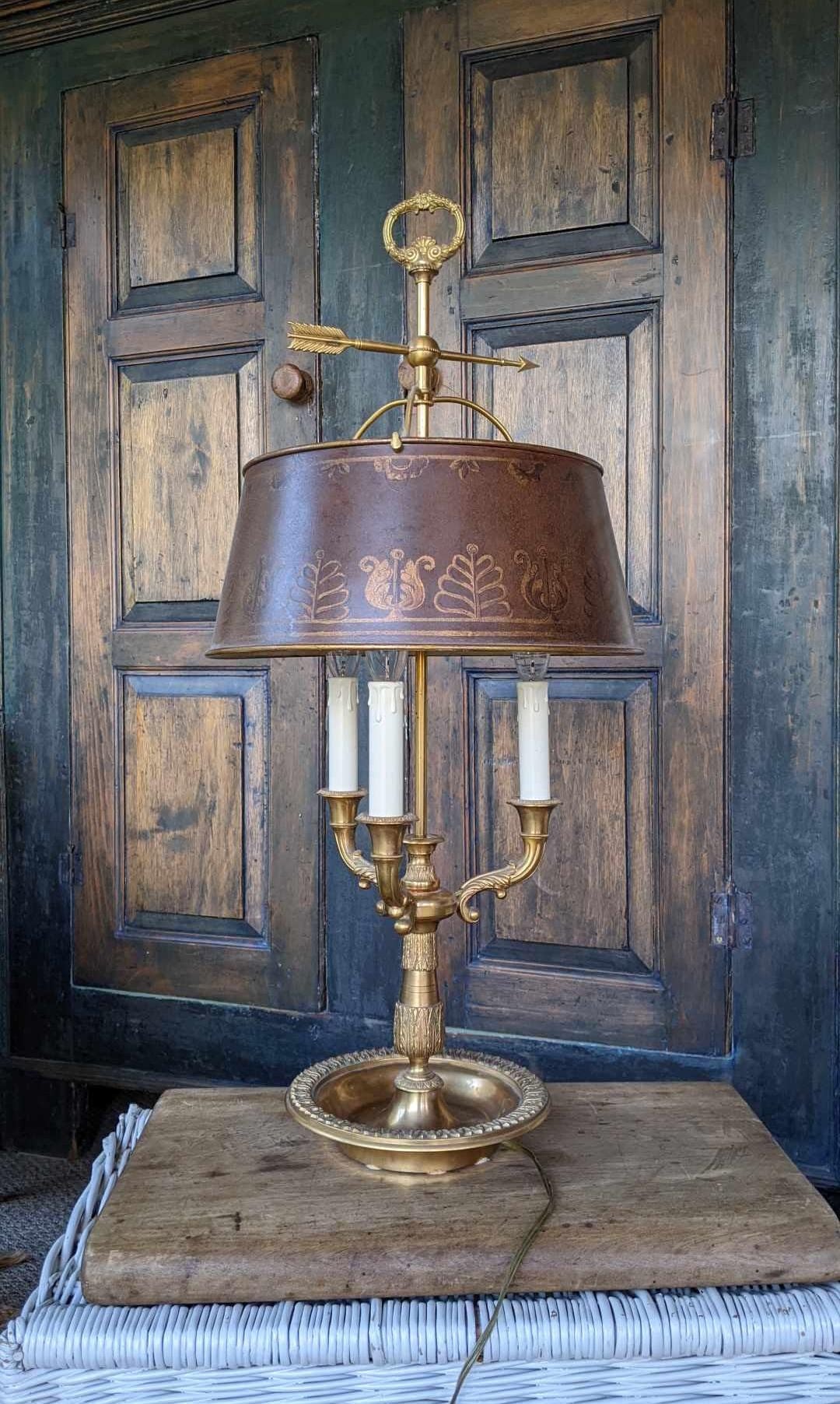 Vintage French ''Bouillotte'' Directory bronze lamp with hand painted brown and gold sheet metal lampshade RARE French home decor