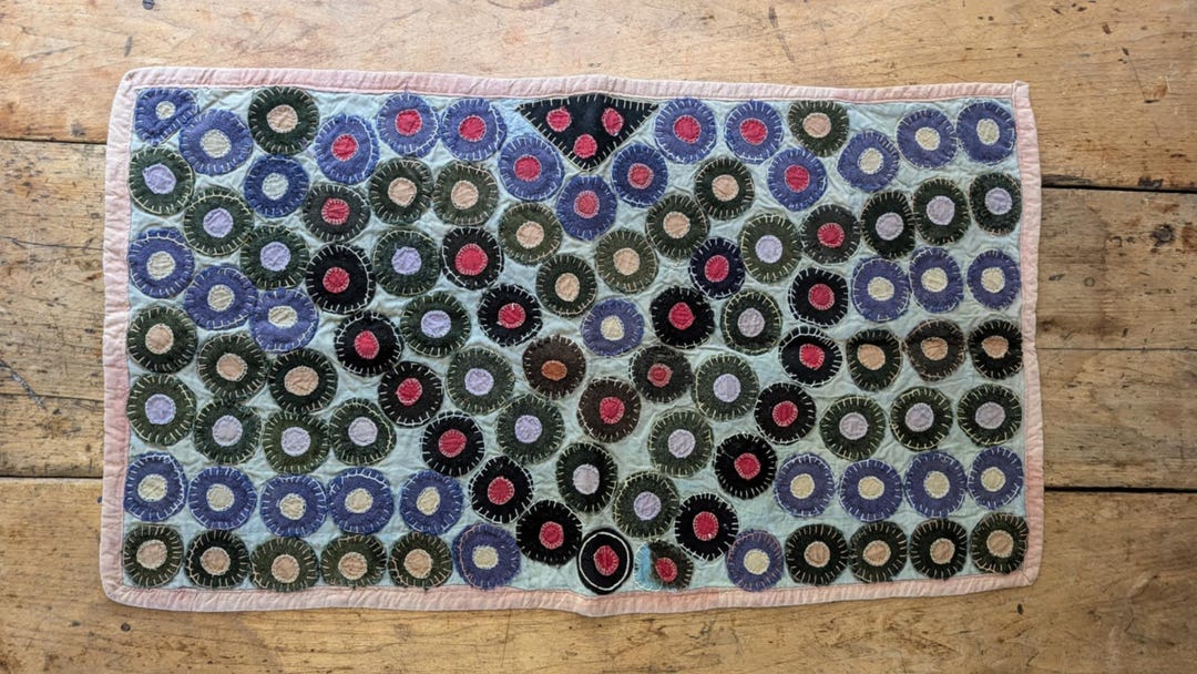 Antique Penny Rug: 1800s Folk Art, Hand-sewn Wool Heart on Turquoise ...