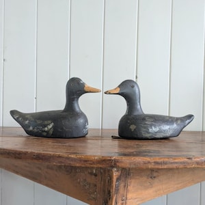 Antique Quebec Canada Carved Duck Decoys Duo, Handcarved and Handpainted, Unsigned Canadian Decoy Folk Art Primitive Farmhouse Cabin decor
