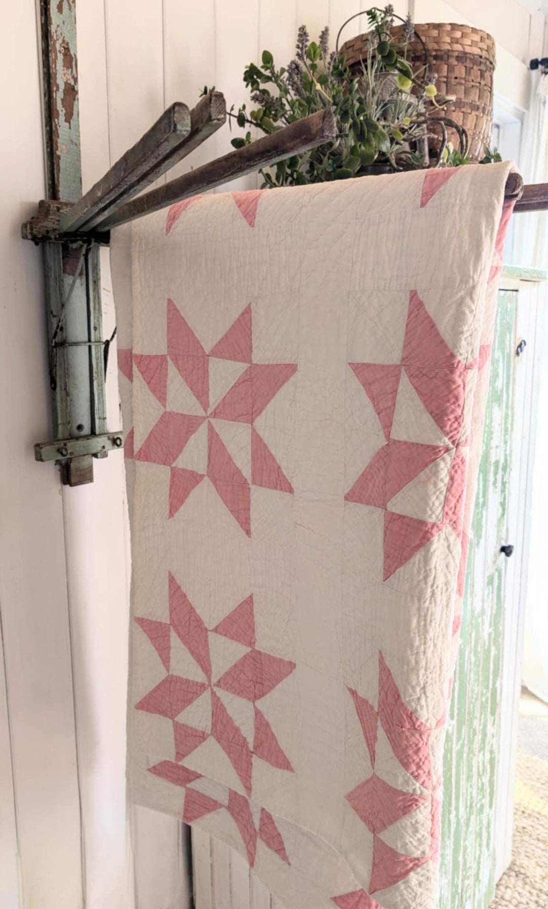 Antique Quebec, Canada 1920's Hand-quilted Star Pattern White and Pink ...