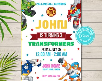 Invitación editable de Rescue Bots, invitación de cumpleaños de Autobots Boy, invitación de cumpleaños de Transformers (Canva)